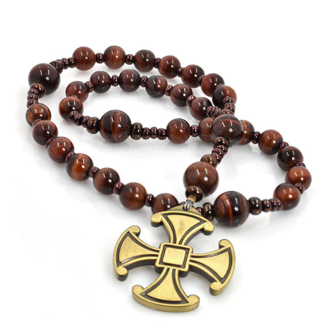 A string of Red Tiger Eye beads, featuring a golden cross pendant at the center.